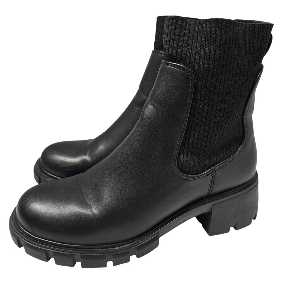 Steve Madden Womens Black Lug Sole Knit Sock Chelsea Boots Size 9.5